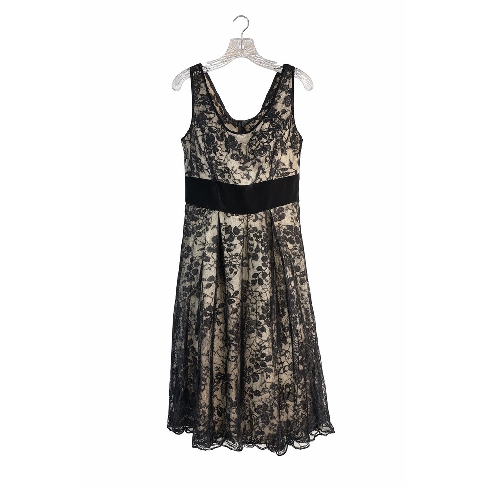 Vivienne Tam Dress Womens 8 Black Silver Lace Velvet Waist Floral Midi Evening